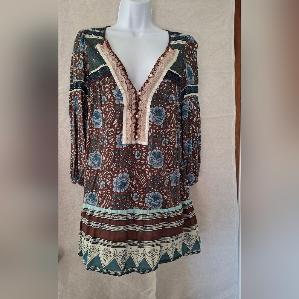 Free People Brown and Cream Floral Tunic Drop Waist Mini Dress